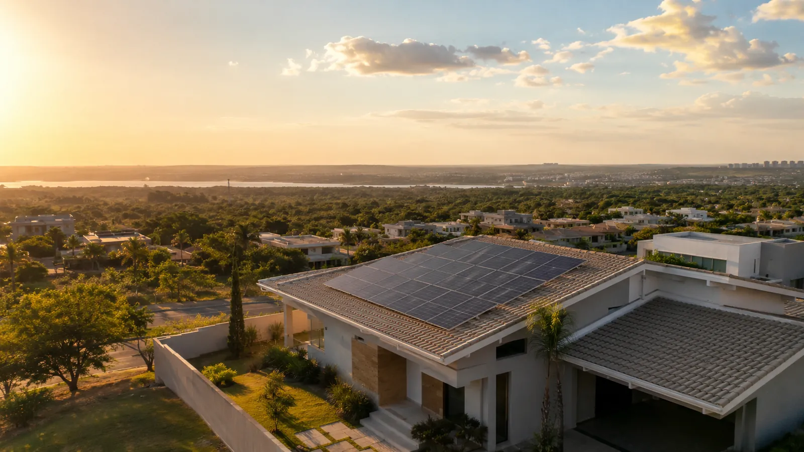 Vista aérea de condomínio em Brasília com sistema fotovoltaico instalado no telhado
