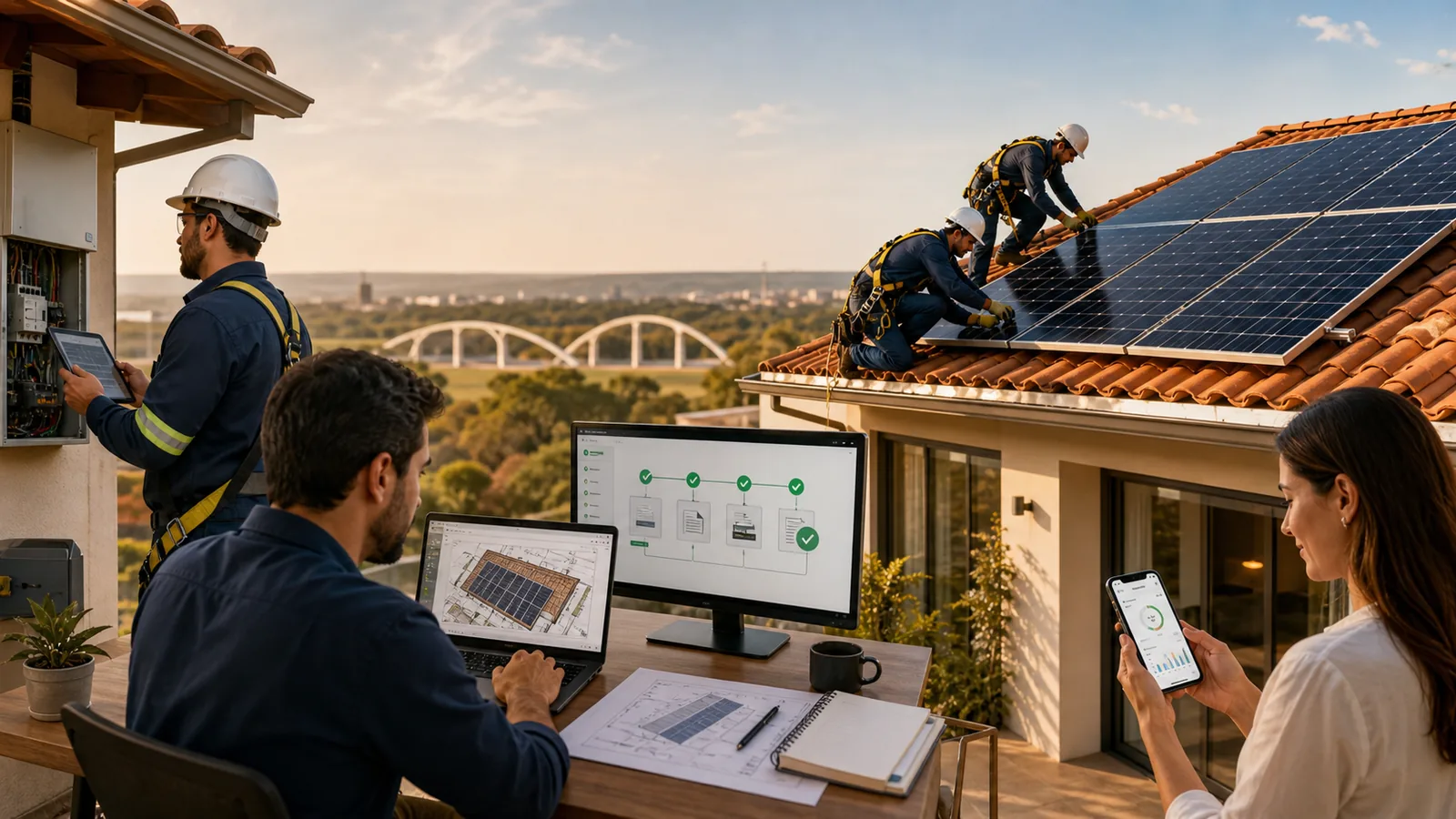 Etapas do serviço em campo: inspeção do quadro elétrico, instalação dos módulos no telhado, acompanhamento do projeto e da homologação no computador e monitoramento da geração pelo aplicativo