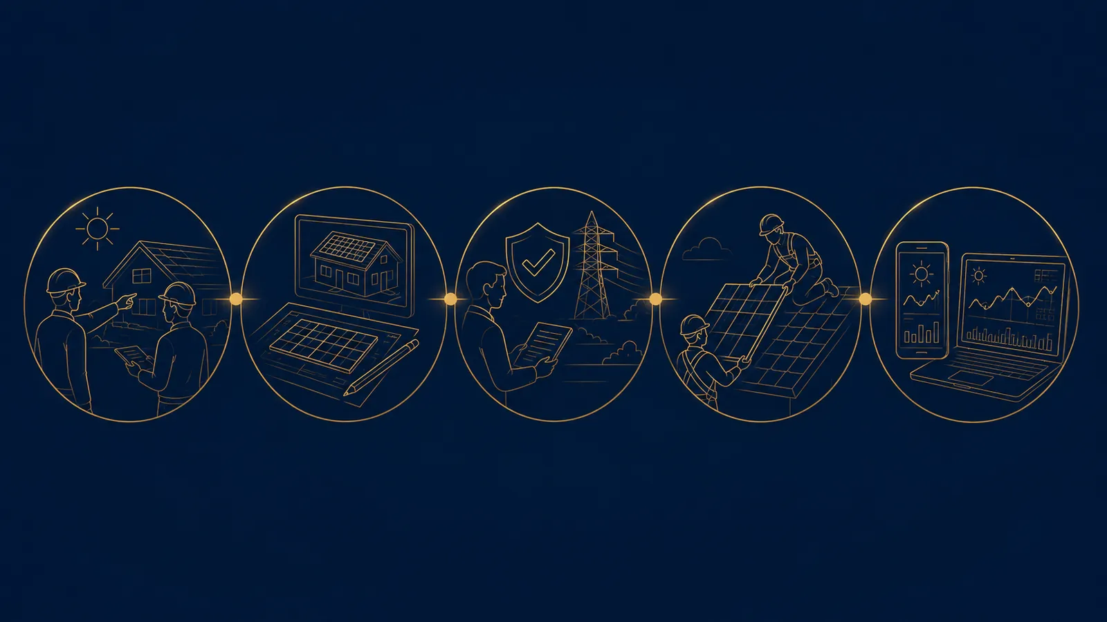Ilustração das cinco etapas do serviço: visita técnica, projeto, homologação, instalação e monitoramento