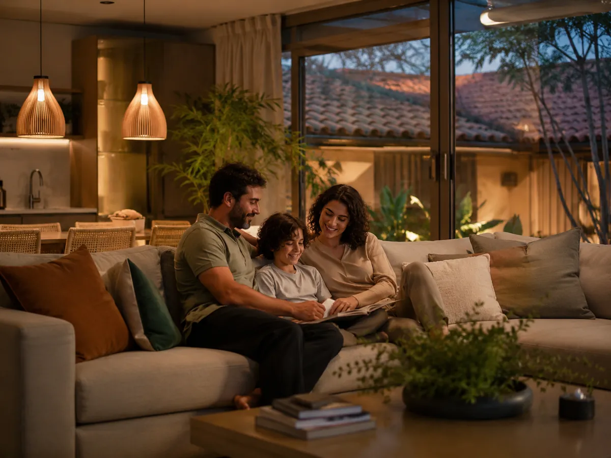 Família reunida na sala de uma casa em Brasília no fim da tarde