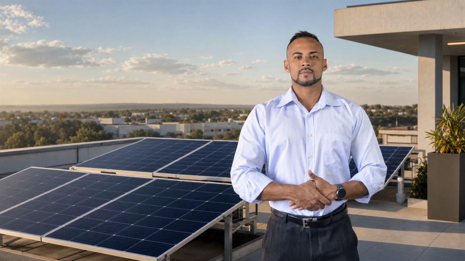 Profissional da Interprince diante de uma instalação de energia solar