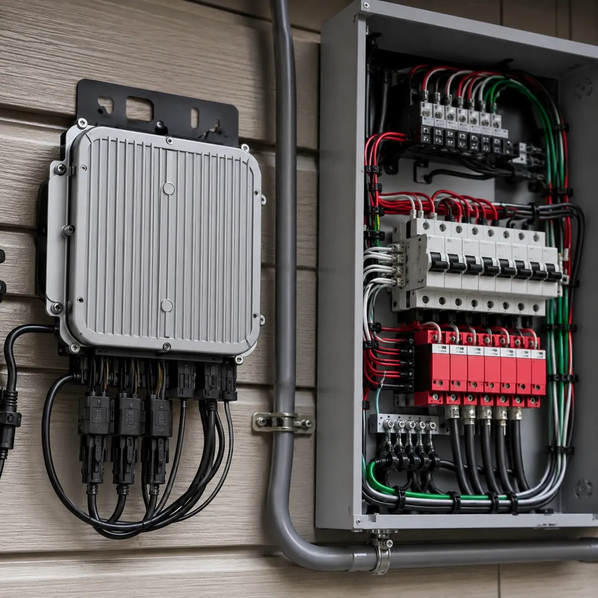Inversor instalado ao lado de quadro elétrico com disjuntores e dispositivos de proteção