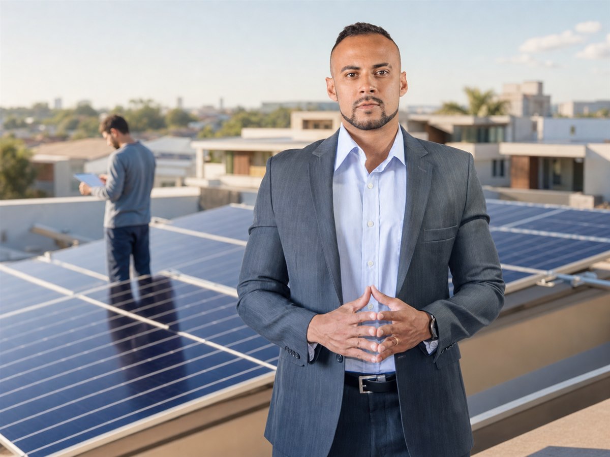 Profissional da Interprince diante de uma instalação fotovoltaica com registro técnico em preparação