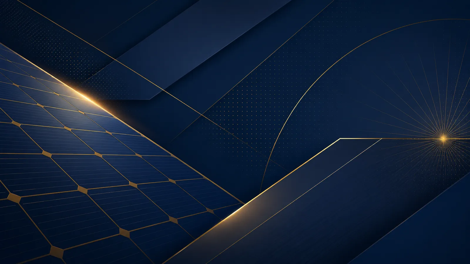 Composição gráfica em azul e dourado representando módulos fotovoltaicos
