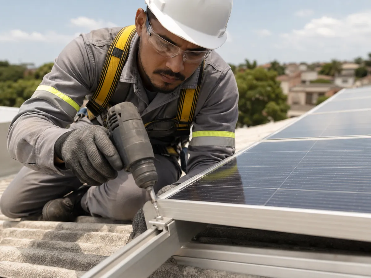 Técnico com EPI fixando a estrutura de um painel solar sobre telhado